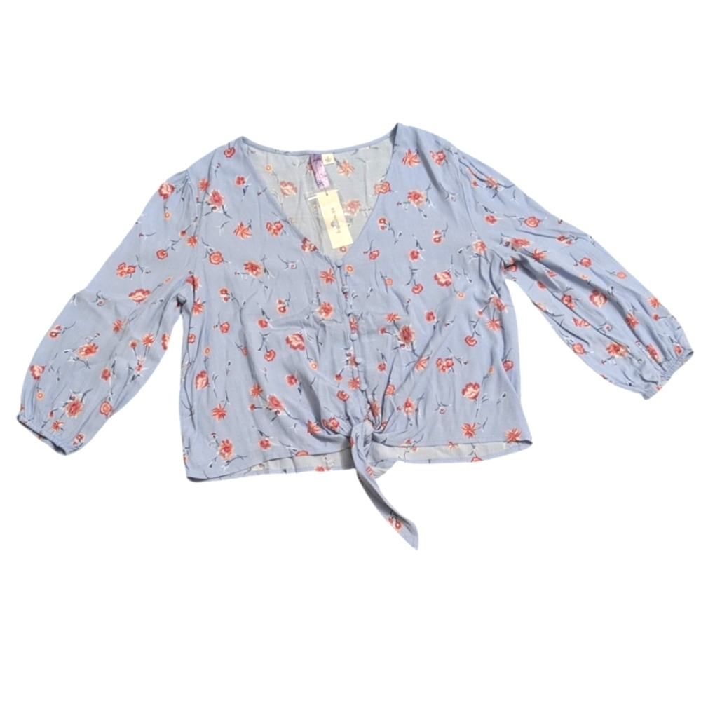 Alya by Francesca's Floral Tie-Front Romantic Fall Boho Crop Top, Blue, S New